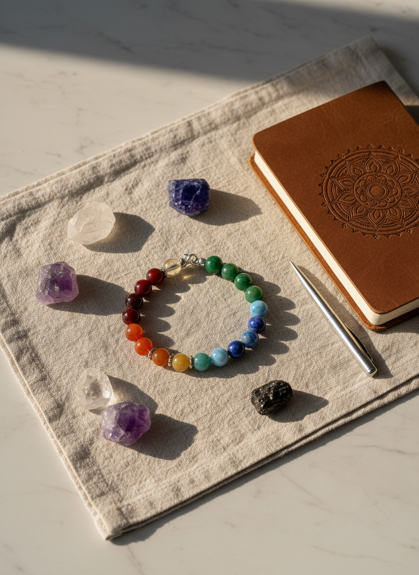 A meticulously arranged chakra jewellery flat lay featuring a full seven-stone chakra bracelet made of polished gemstones: deep red garnet, burnt orange carnelian, honey citrine, verdant green aventurine, sky-blue amazonite, deep indigo lapis lazuli, and luminous violet amethyst. The bracelet rests on a smooth, pale linen cloth atop a light marble surface, surrounded by scattered raw crystal points and a closed, embossed journal. Soft, diffused morning light from the left creates gentle highlights on each bead and subtle shadows along the clasp. Photographic realism, captured from a bird’s-eye view with a shallow depth of field, producing a serene, sophisticated mood and a clean, modern composition ideal for a hero website banner.